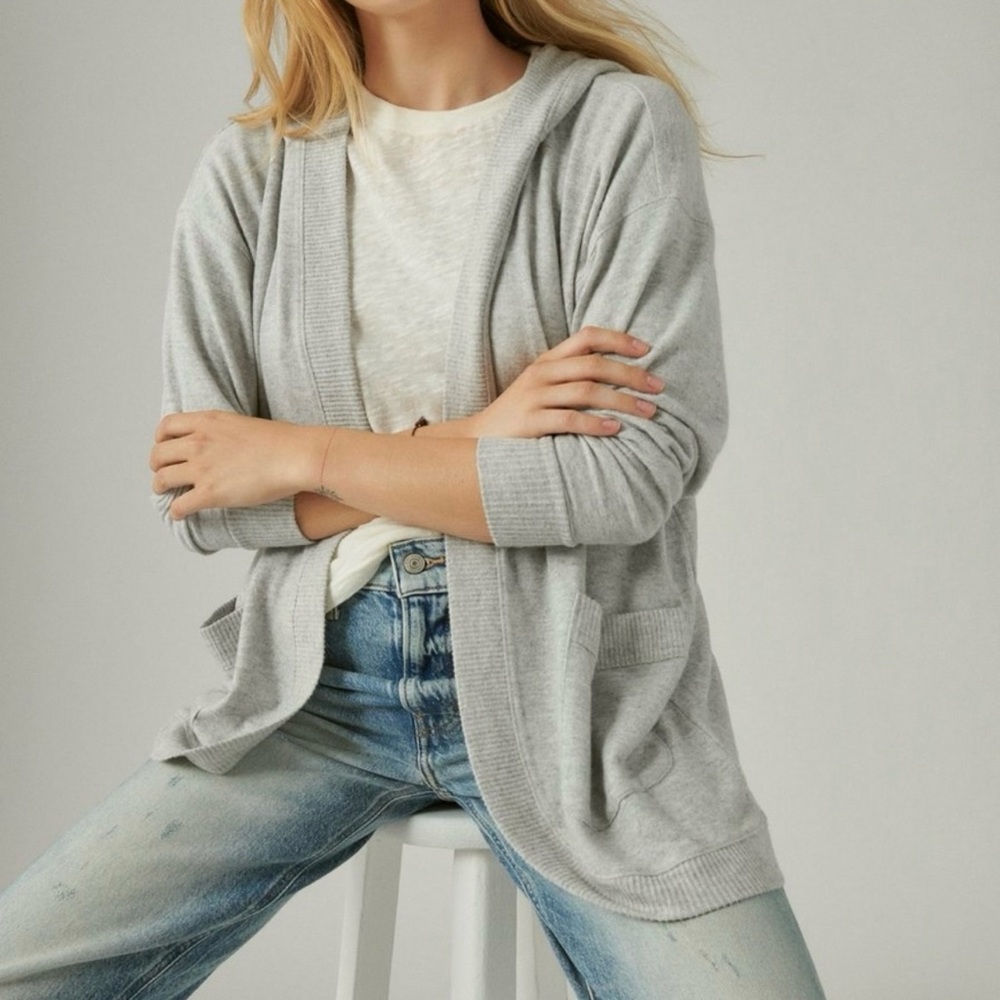 LUCKY BRAND Cloud Soft Light Heather Grey Open Front Cardigan W/ Pockets Size XL